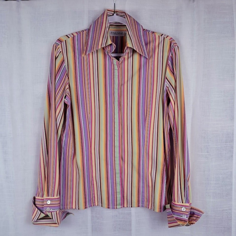 Farinaz Taghavi 10 Multi-Color Striped Button Up Blouse Shirt Italian Fabric